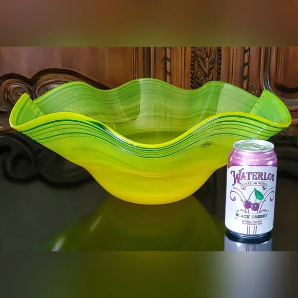 Huge Blenko 17" Handmade Yellow & Blue Art Glass Bowl - Picture 4 of 13